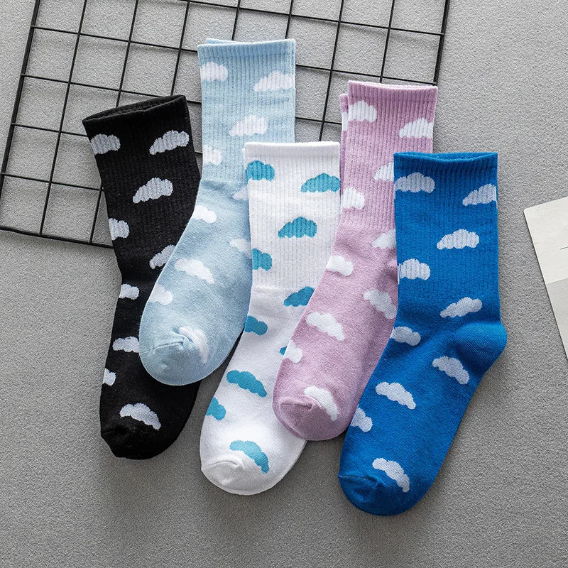 College Style Women Blue White Cloud Patterned Crew Socks Breathable Sport Cotton Sock