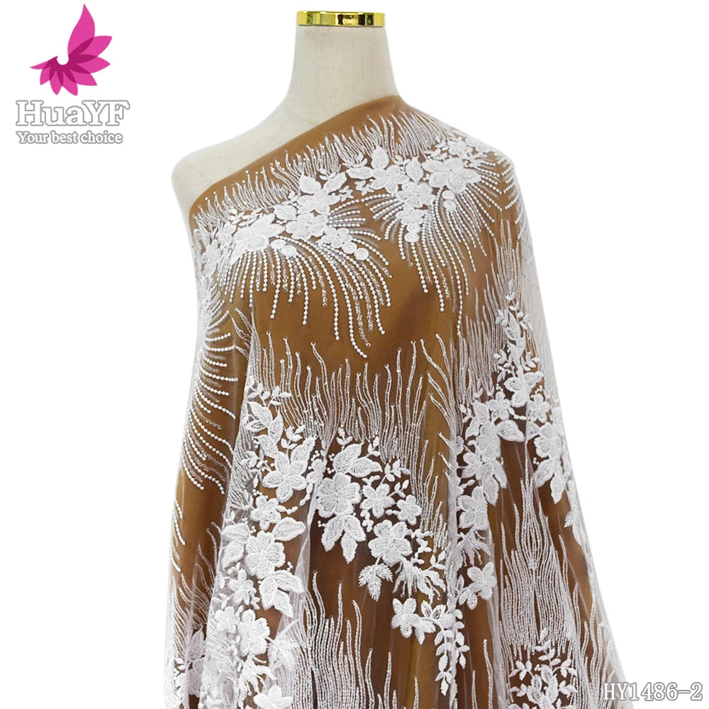 HY1486 Elegant French 3d Pure White Bridal Lace Genuine Lace Tulle Fabric for Simple Wedding Gown
