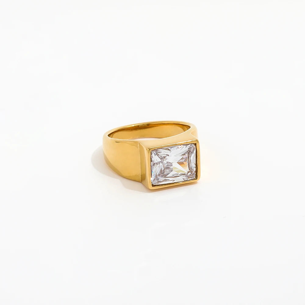 High End 18K Plain Gold Rectangle Zirconia Rings Stainless Steel Trendy Simple Gold Plated Jewelry