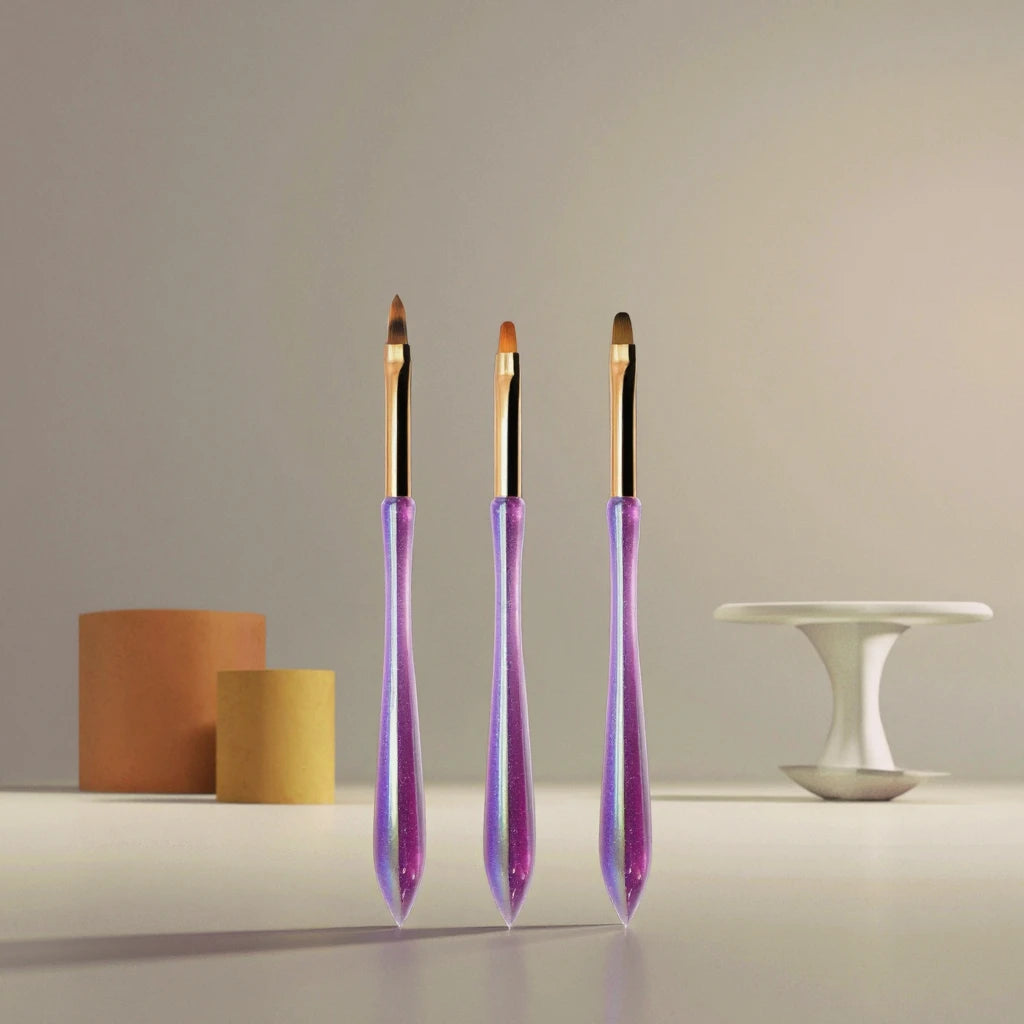 Purple Acrylic Handle Nylon Hair Luxury Professional 3Pcs Ombre UV Gel Flat Oval Crimped Ferrule Nail Art Brush Sets