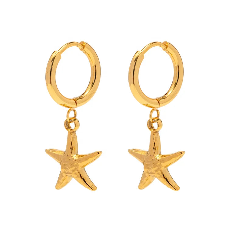 Fashion Jewelry 18K Gold Plated Stainless Steel Starfish Ocean Series Cute Hoop Earring Summer Style