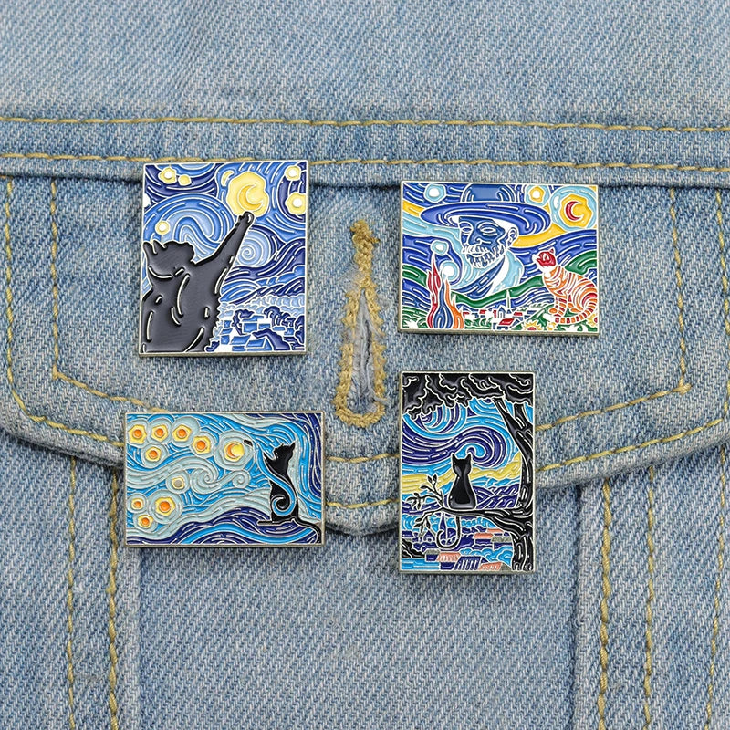 Starry Night Cats Enamel Pins Custom Van Gogh Oil Painting Brooches Lapel Badges Fun Animal Art Jewelry Gift for Kids Friends