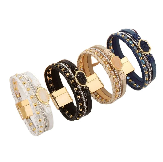 Black Rhombus Resin Crystal Charm Leather Bangle Bracelets for Women Multi Layered Boho Leather Wrap Bracelet Jewelry
