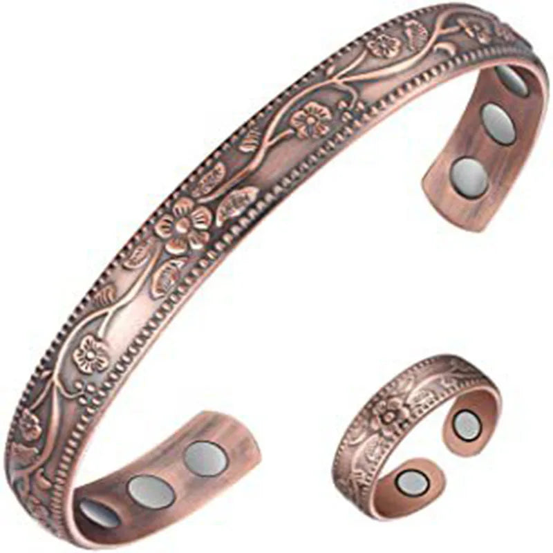 Wholesale Vintage Flower Pain Management Bracelet  2 Pieces Adjustable Magnetic Bracelet Ring Set for Women Men