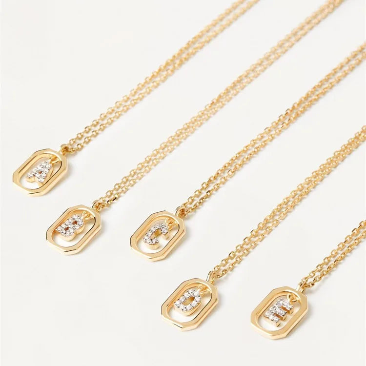 Fashionable Mini Rectangular Pendant Necklace Copper Gold-Plated Charming Zircon A-Z Initials Stylish Trendy for Both Men Women