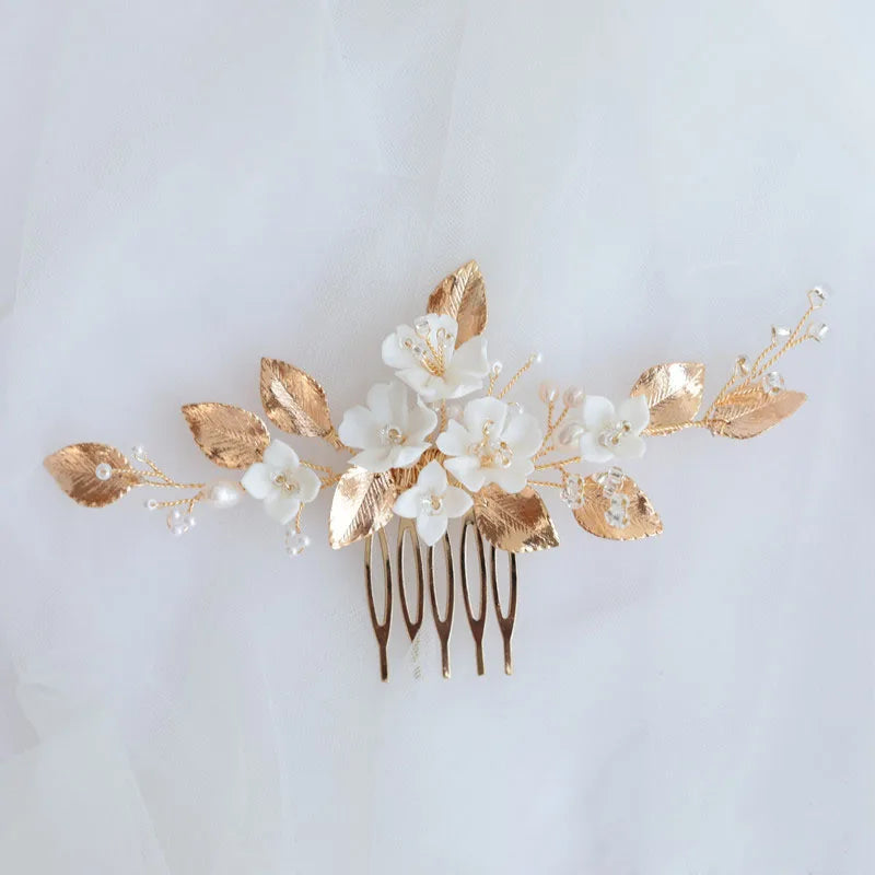 SLBRIDAL Handmade Golden Alloy Pearl Ceram Flower Bridal Hair Comb Wedding Headdress Hair AccessoriesBridesmaids Women Jewelry MegaBDM