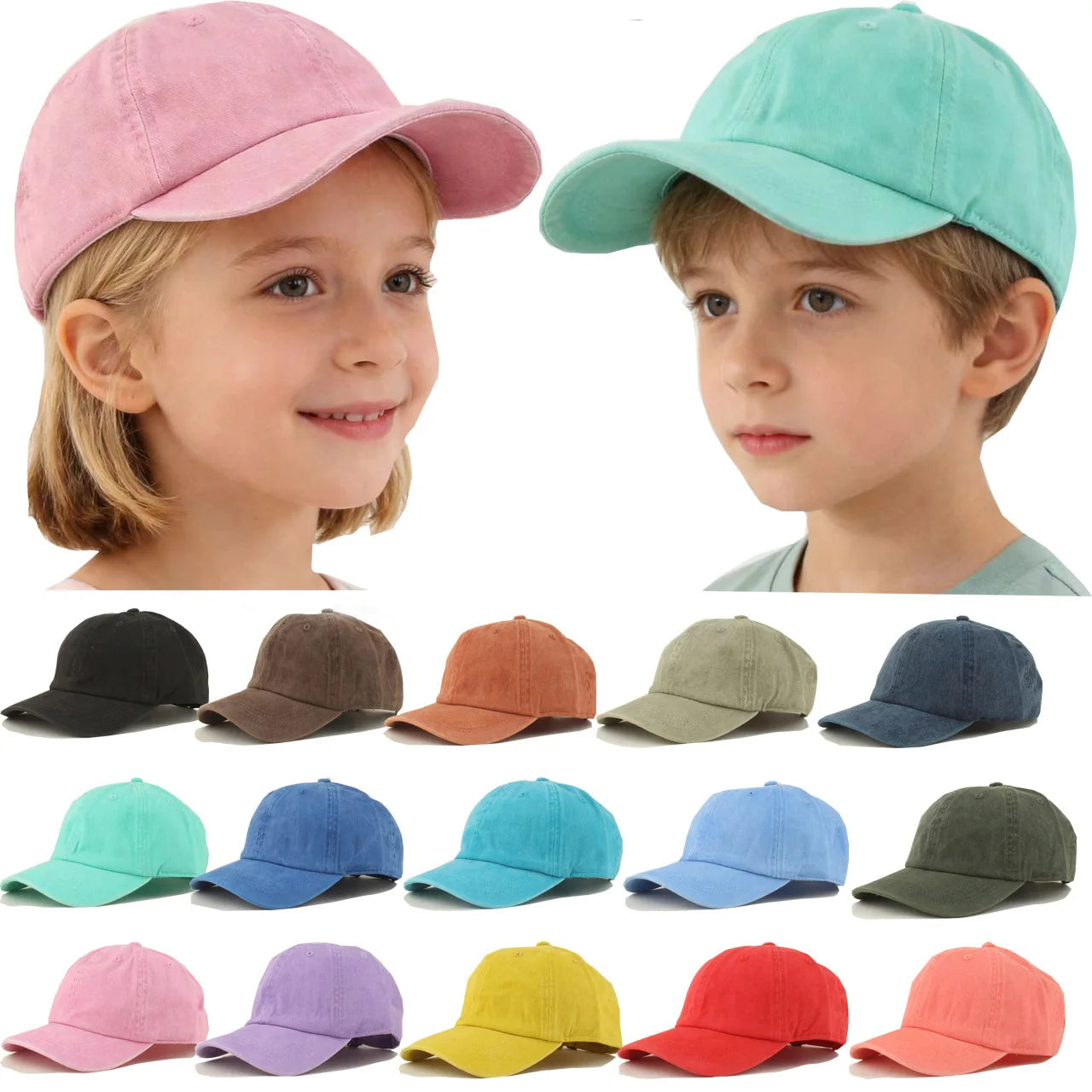 Solid Colors Bulk Custom Logo Plain Children Vintage Baseball Cap Unisex Adjustable Washed Distressed Cotton Kids Baseball Caps