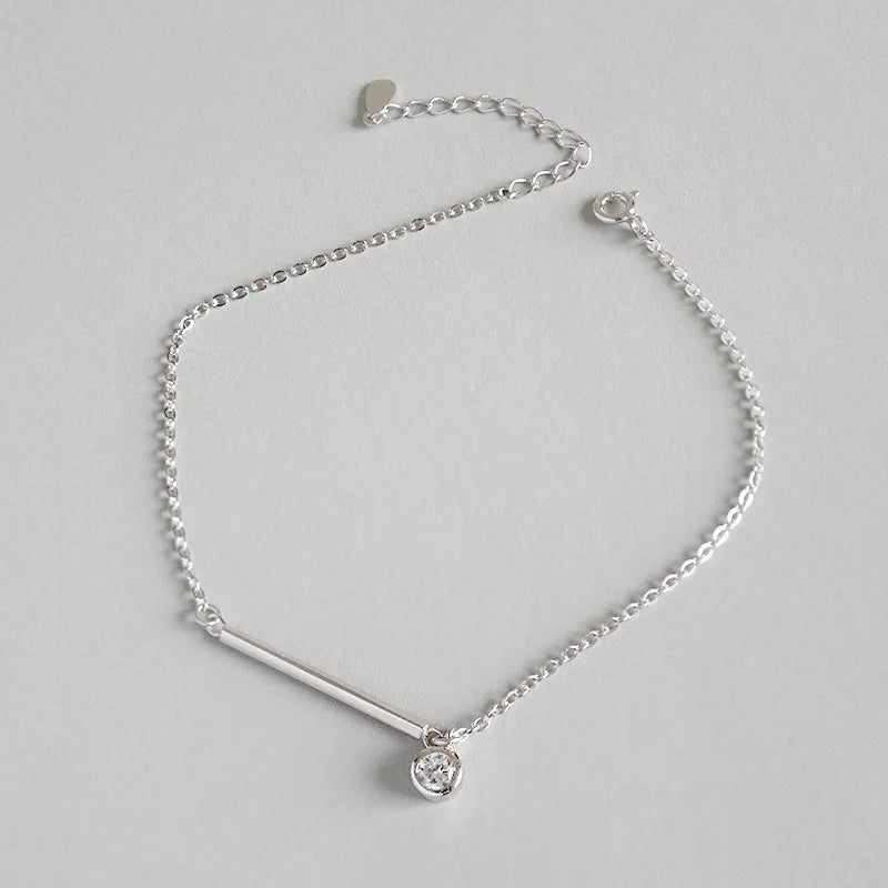 Summer Jewelry 925 Sterling Silver Short Bar Single Zircon Charm Anklets Foot Jewelry