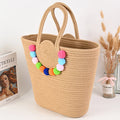 Fashionable Handbag Women's Cotton Rope Woven Tote Bag With Wool Ball  Large Capacity Women's Bag Woven Basket Bag