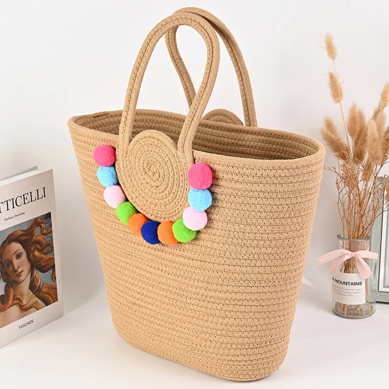 Fashionable Handbag Women's Cotton Rope Woven Tote Bag With Wool Ball  Large Capacity Women's Bag Woven Basket Bag