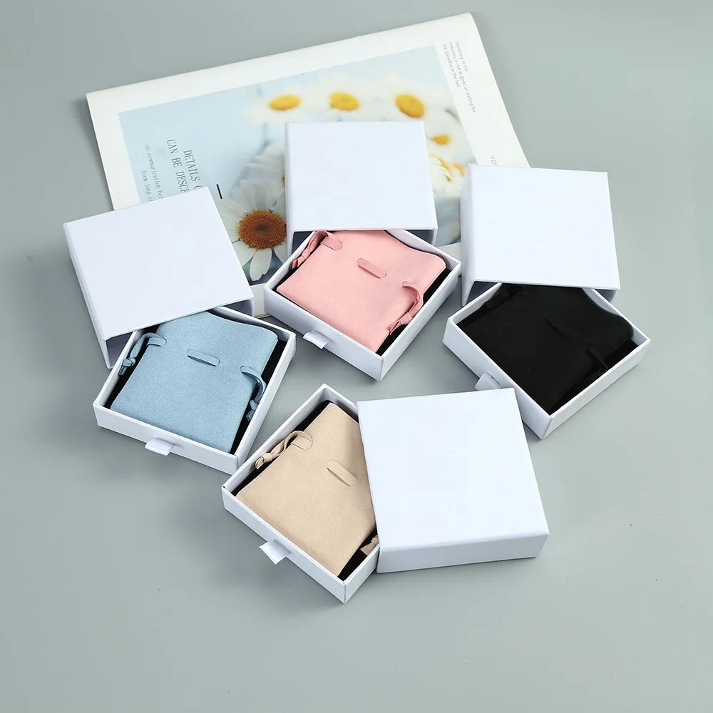 Luxury White Jewelry Boxes Microfiber Sachet Storage for Small Necklace Ring-Elegant Paper Gift Box Packaging Drawer