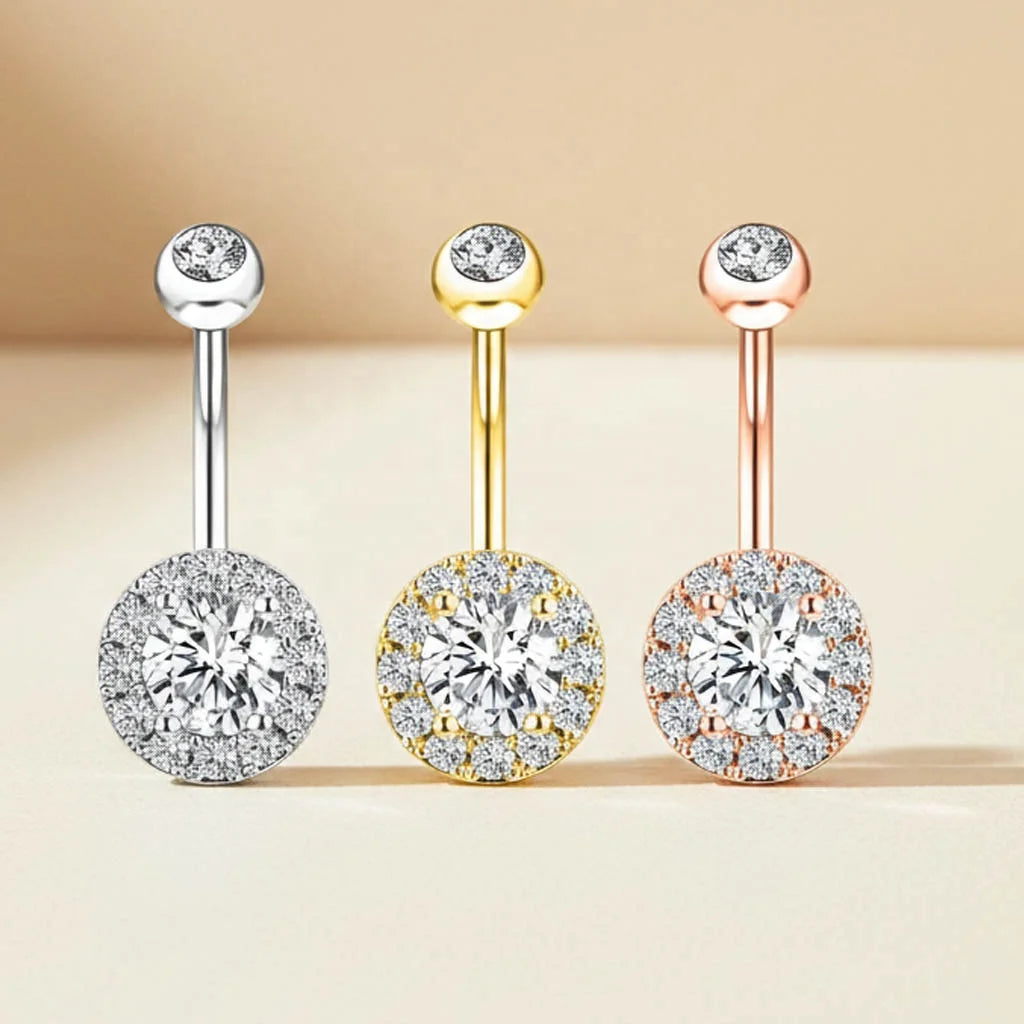 316L Surgical Steel Belly Button Ring Round Halo CZ Zircon Navel Piercing Hypoallergenic Body Jewelry Silver Gold Rose Gold