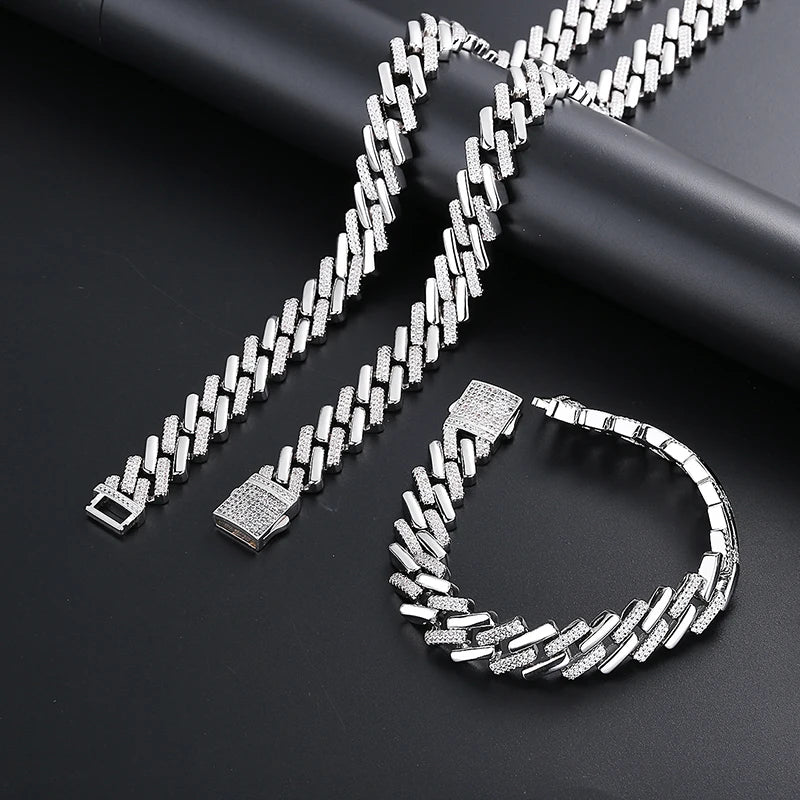 High Quality Men's Jewelry Set Silver Ice Out Necklace Bracelet Miami Cuban Chain Wholesale
