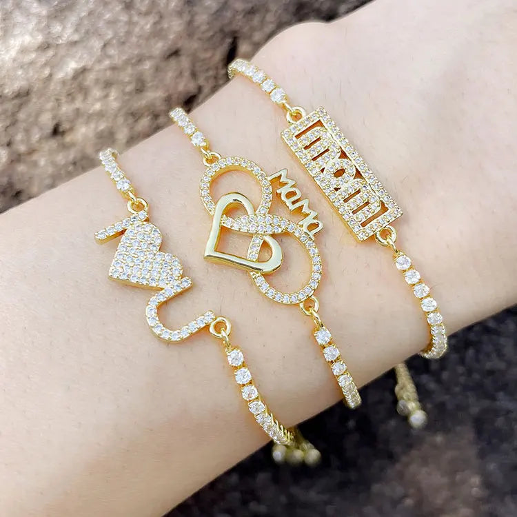 SC 2022 Mother's Day Mom Bracelet 18K Gold Plated Drawstring Bracelet Trendy Zircon Infinity Heart I Love You Mama Bracelets