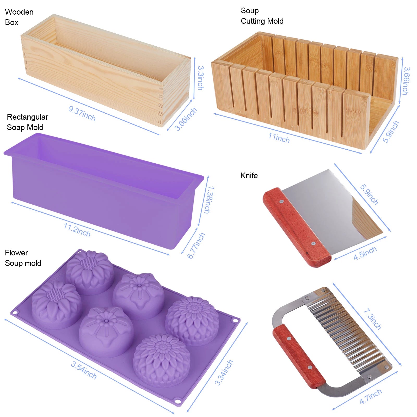6PCS Reusable Wooden Soap Loaf Cutter Mold and Soap Cutter Set Rectangular Toast Mould Silicone Mold Set