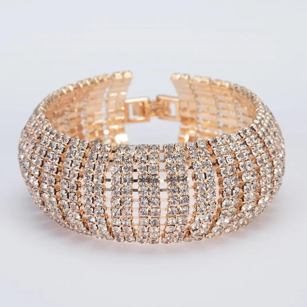 Modern Luxury Chunky Pave Rhinestone Bracelet for Women Trendy Gold Plated Fold-over Clasp for Weddings and Gifts