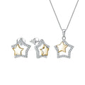 925 Sterling Silver Classic Star Fine Jewelry Set-Two-Tone Design with Zircon Rhodium Plating Earrings & Necklace Set Women