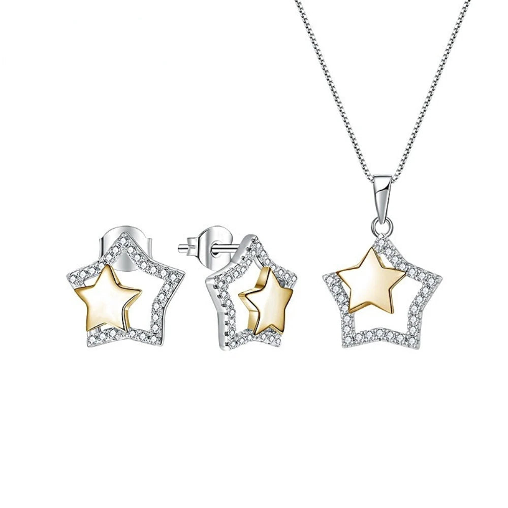 925 Sterling Silver Classic Star Fine Jewelry Set-Two-Tone Design with Zircon Rhodium Plating Earrings & Necklace Set Women