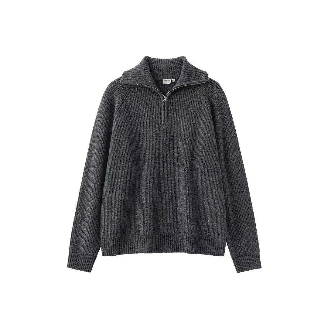 Men's Turn-down Collar Zipper Coat Autumn Winter Korean Style High-Grade Knitted Loose Fit Solid Color Top Sweater