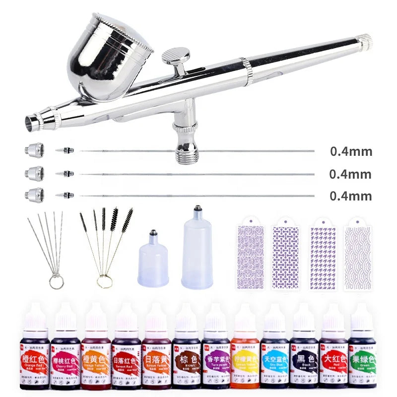 Gravity Feed Cake Airbrush Kit with Piston Type Compressor Includes Cake Stencil and Food Color Paint