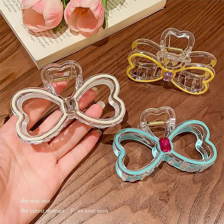 2023 New Trending Hollow Heart Acrylic Hair Claw Clip Fashion Sweet Contrast Color Bowknot Hair Accessories for Women