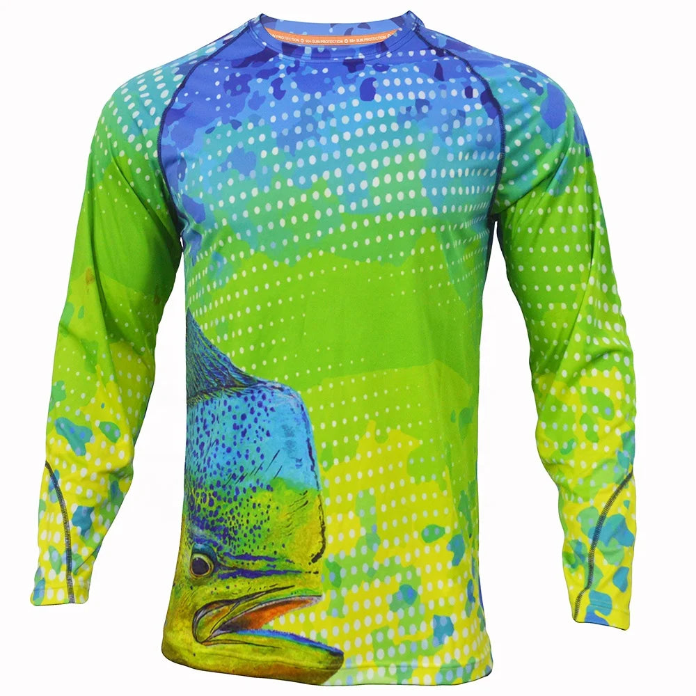 Cool Summer Plus Size Long Sleeve Mens UV Protection Breathable Printed Quick Dry 100% Polyester Fishing Jersey