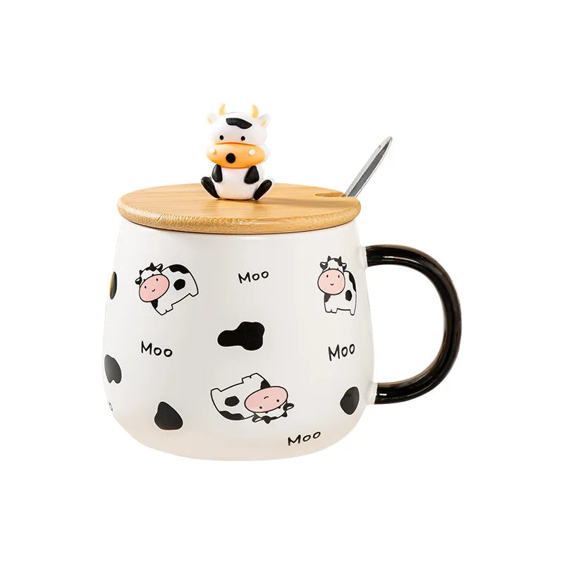 480ML Cartoon Cow with Wood Lid Spoon Mug Home Breakfast Cup Children's Milk Cup