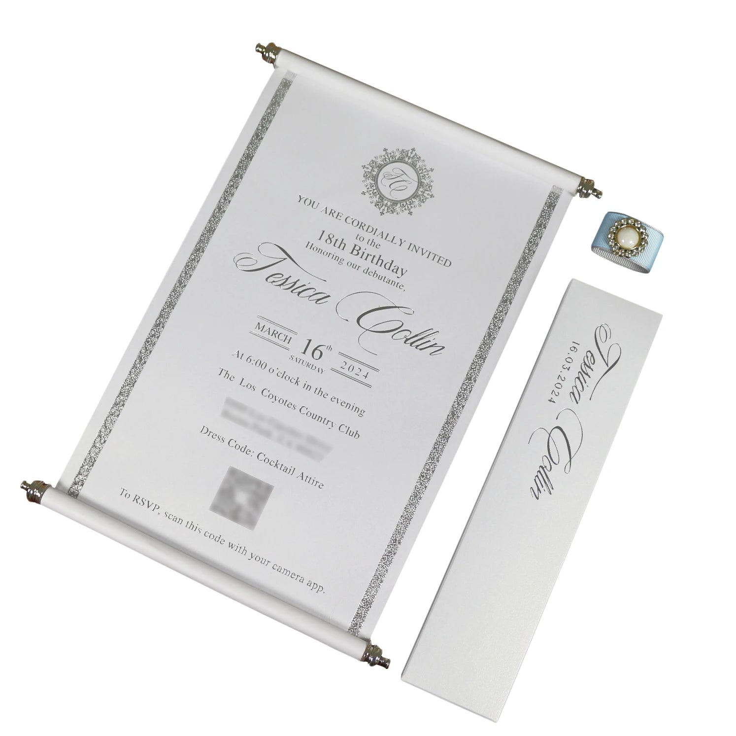 Luxury White and Silver Foil Quinceanera Scroll Invitation Card Best Wedding Invitations with Ribbon and Music Angel Style