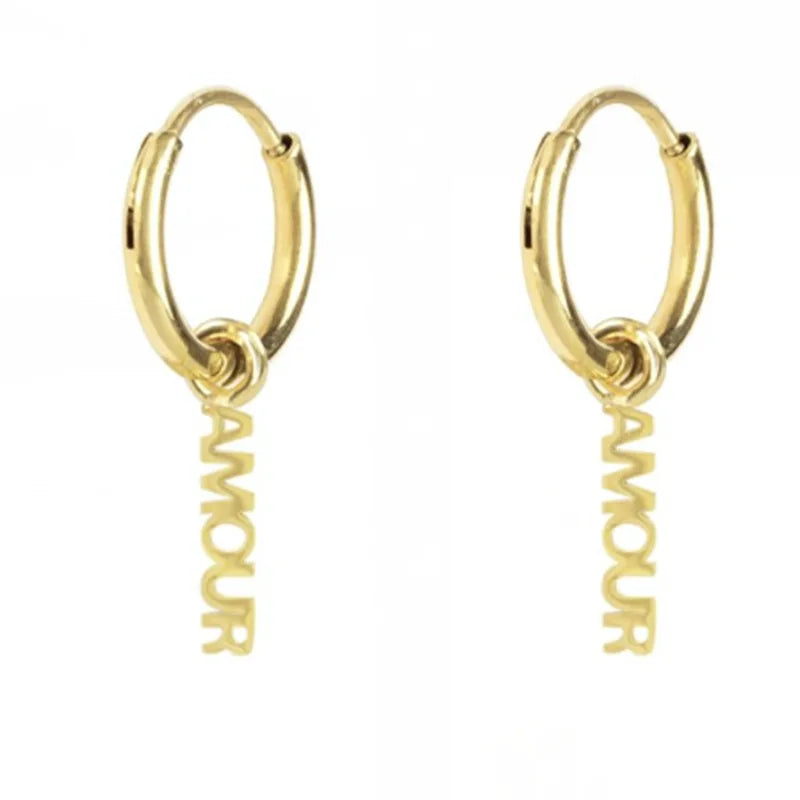Fenny Fashion English Letter AMOUR Tassel Dangle Huggie Earring Trend for Party Wholesale Stainless Steel Ladies Jewelry