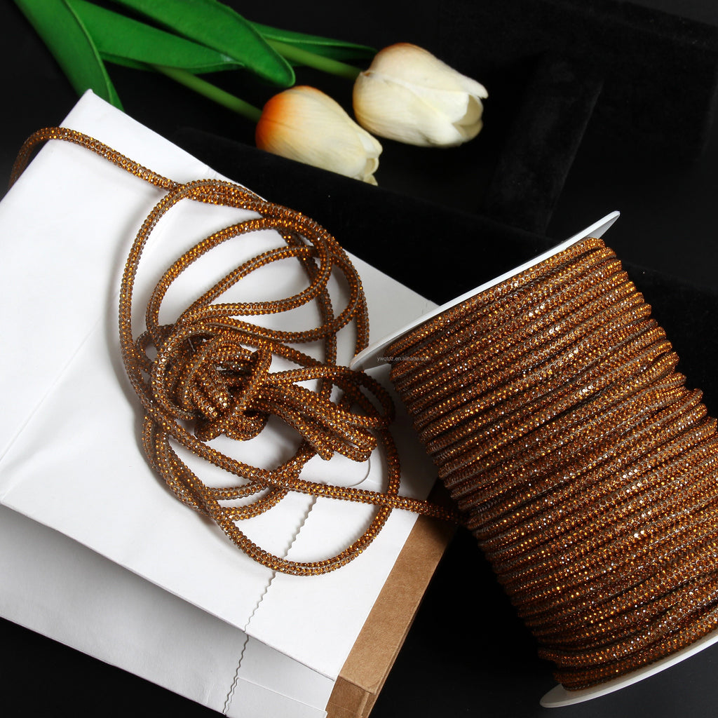SINRONG 4mm Rhinestone Rope Full Diamond Drawstring Crystal Decorative Shoelaces DIY Golden Yellow