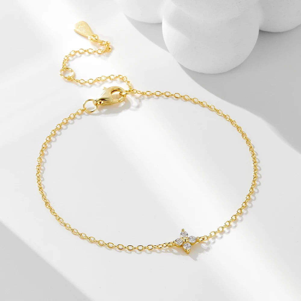 Simple S925 Sterling Silver Four Leaf Clover Bracelet Cubic Zircon Gold Chain Bracelets for Women Fashion Accessories