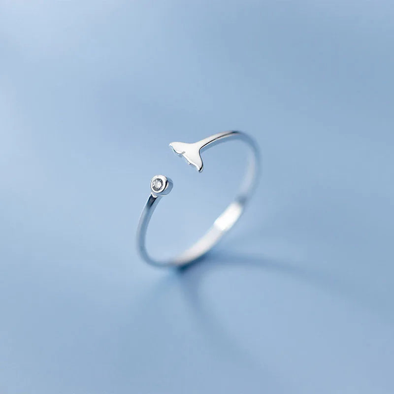 925 Sterling Silver Fish Tail Mermaid Zircon Open Adjustable Finger Rings for Women Bijoux Fashion
