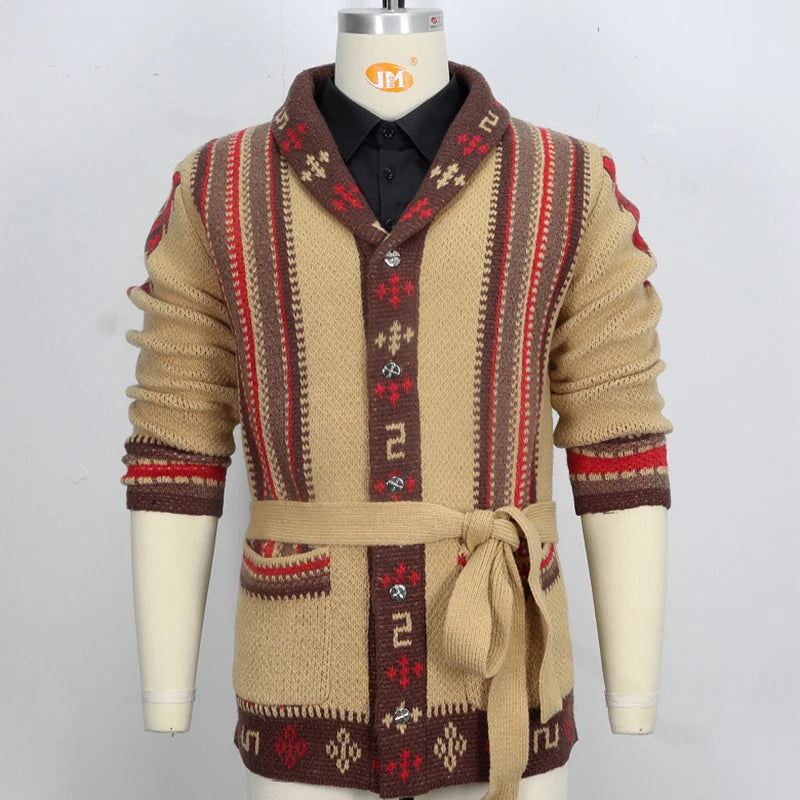 Vintage Shawl Collar Aztec Sweater Cardigan Clothing Long Sleeve Chunky Knitted Coat Knitwear Jacquard Men Sweaters With Belt