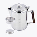 12 Cups Big Capacity Outdoor Coffee Pot with Wood Handle and Stainless Steel Body and Glass Lid.