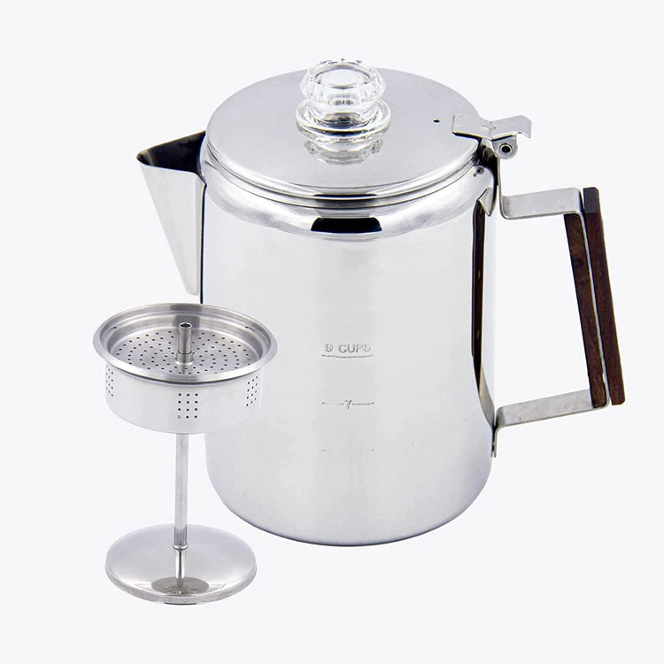 12 Cups Big Capacity Outdoor Coffee Pot with Wood Handle and Stainless Steel Body and Glass Lid.