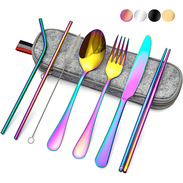 Hot Selling Reusable Gold Flatware Portable Stainless Steel 18/0 Travel Cutlery Set with Case