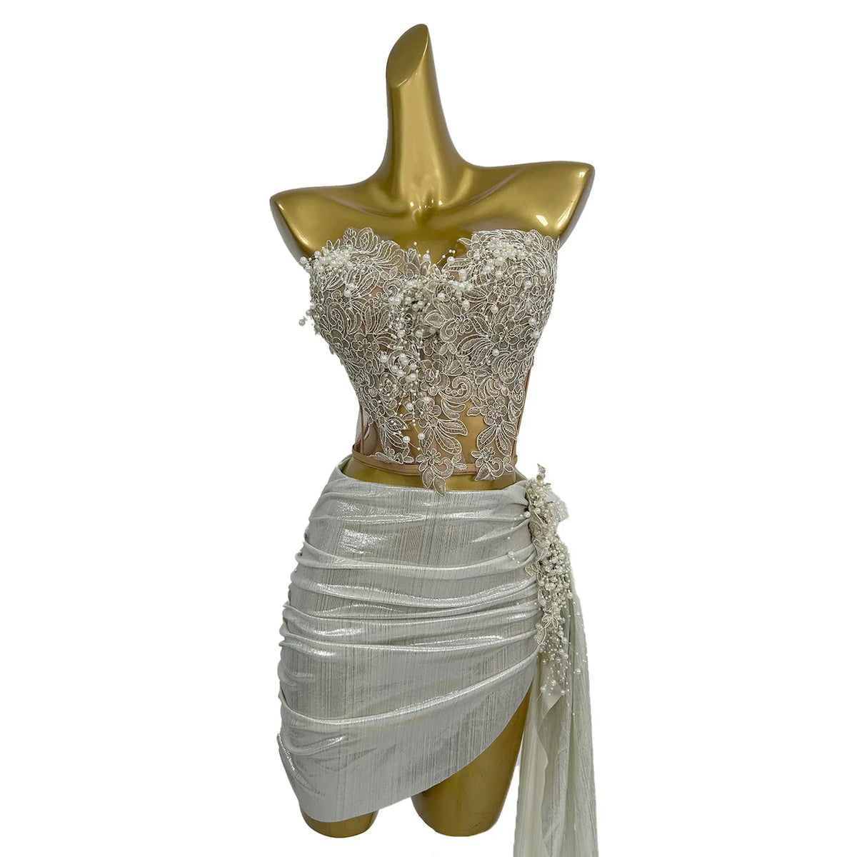 Elegant White Sequins Pearls Corset Skirts 2 Piece Set Festival Outfit Show Performance Dancer Wear Women Sexy Party Prom Dress MegaBDM