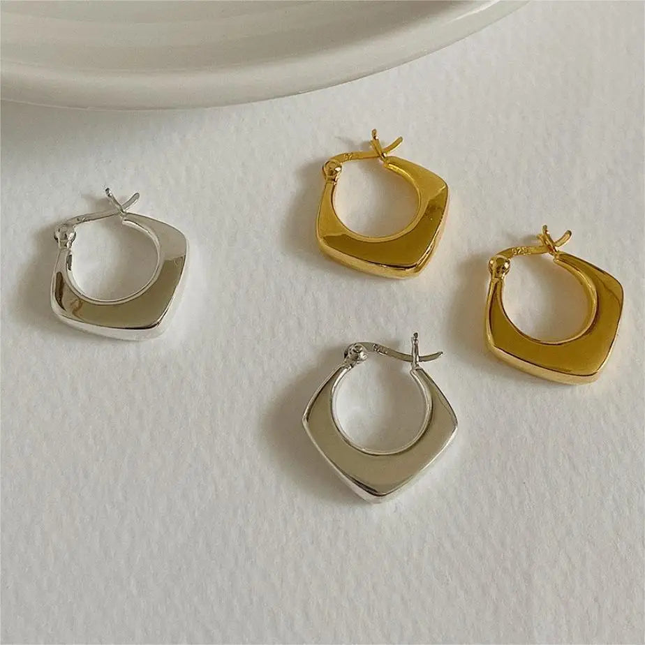 Fashion Jewelry 925 Sterling Silver Heavy Earrings Geometric Rhombus Rhomb Rhombic Shape Gold Plated Hoop Earrings Women