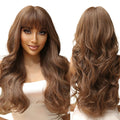 Factory Wholesale Price Synthetic Chestnut Brown Long Curly Wigs with Bangs for Black Women Wavy Natural Looking Wig