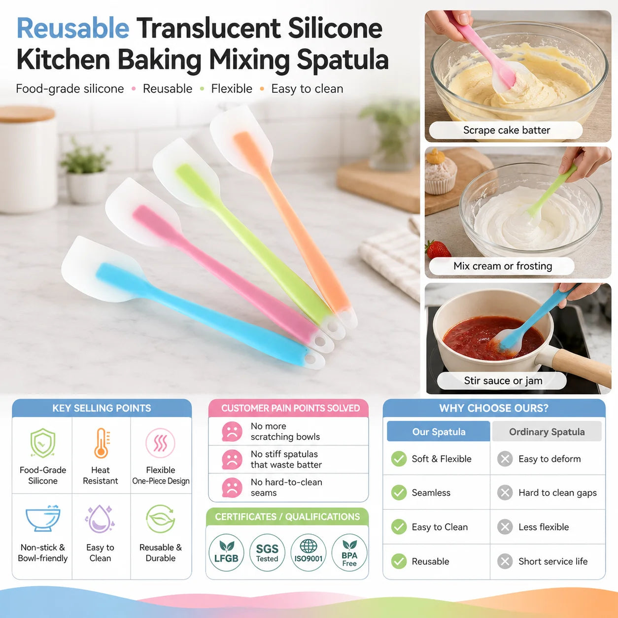 Customized Logo Reusable Translucent Silicone Kitchen Baking Mixing Spatula OEM ODM Heat Resistant Dishwasher Safe Eco-Friendly