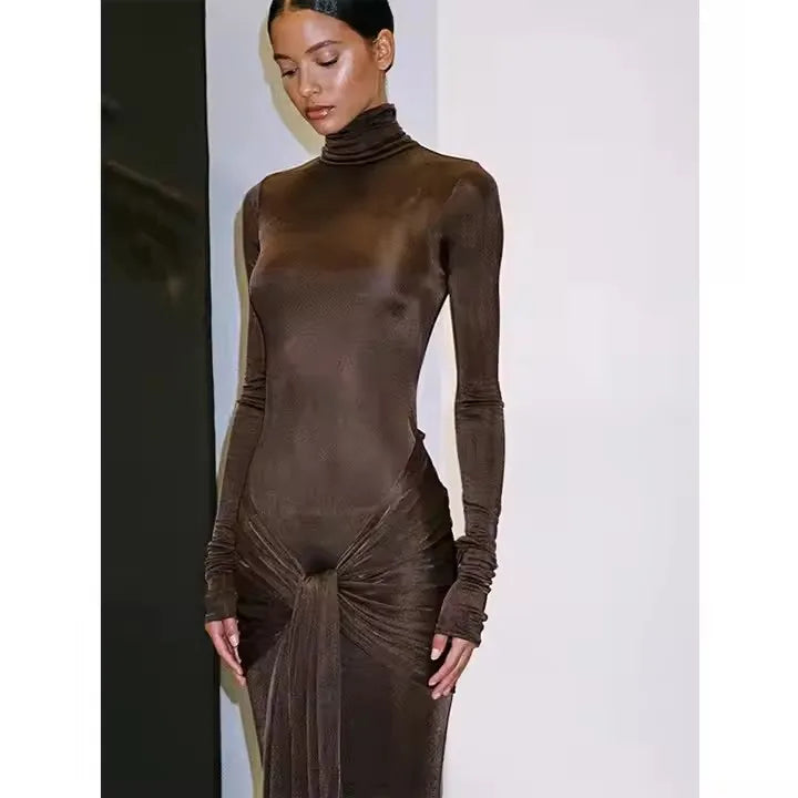 Autumn 2025 New Party Club Vestidos Women Tight Elastic Lace up Maxi Long Dress High Neck Long Sleeve Bodycon Dress