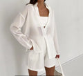 Enyami Summer Vacation Womens Transparent White Coords Wide Leg Shorts Long Sleeve Tops Woman 2 Pieces Linen Shorts Set