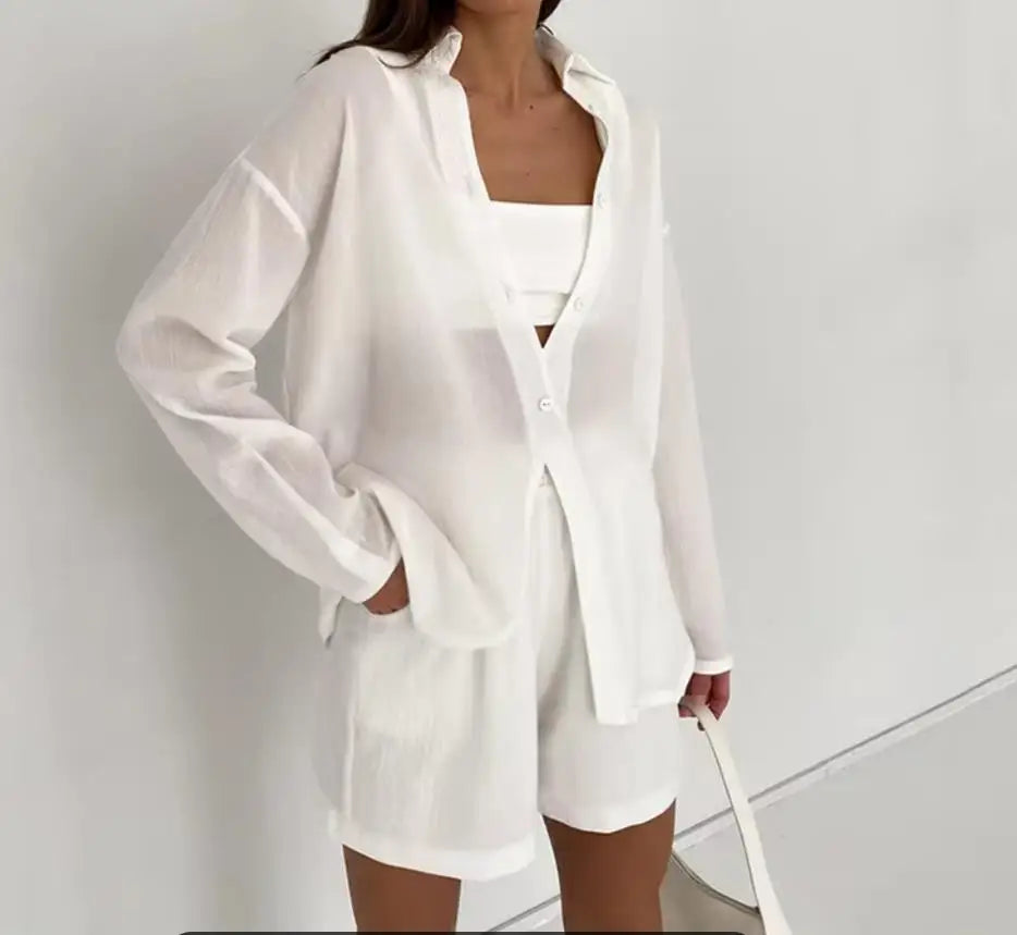Enyami Summer Vacation Womens Transparent White Coords Wide Leg Shorts Long Sleeve Tops Woman 2 Pieces Linen Shorts Set