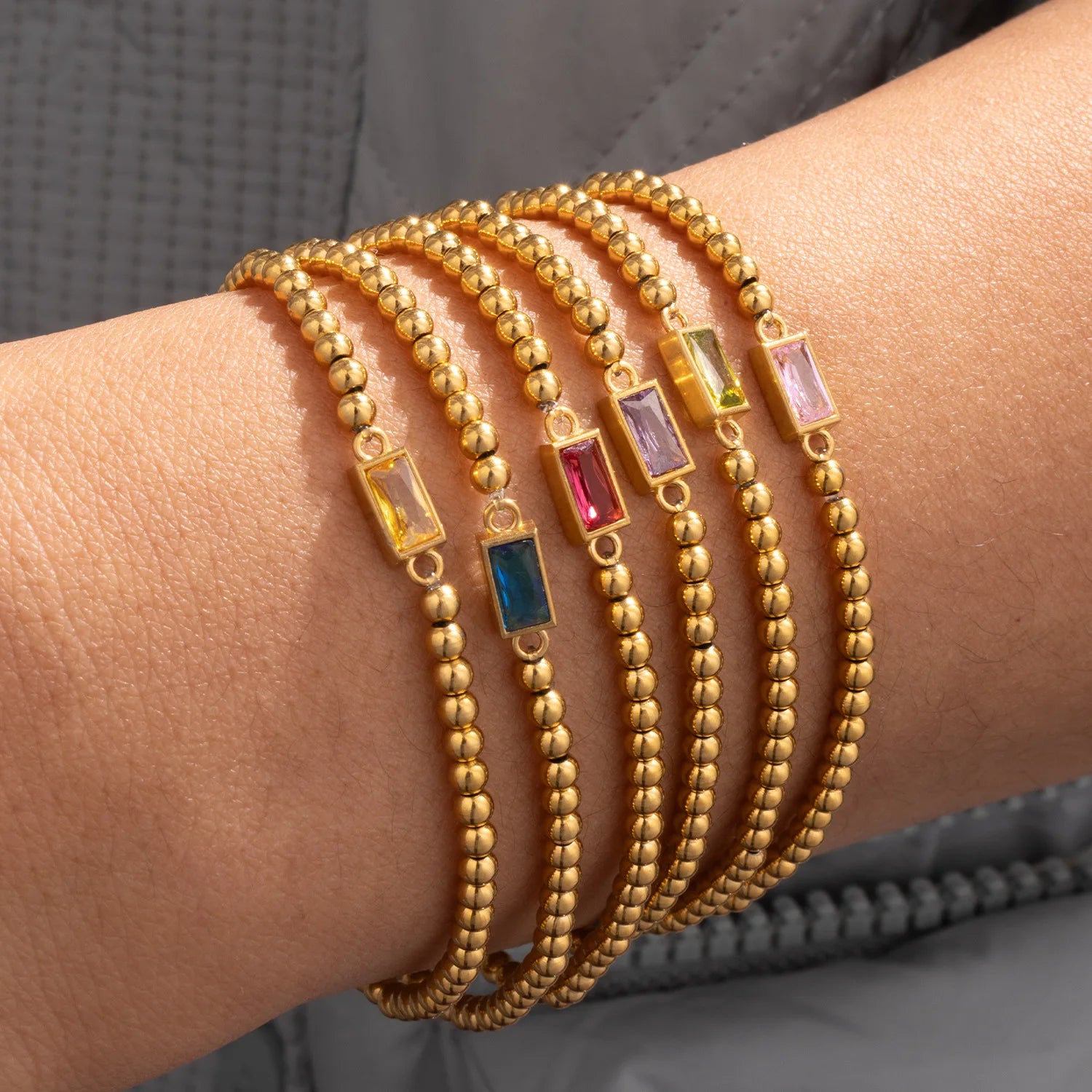 New 18k Gold Plated Beaded Zircon 12 Birthstone Bracelet Waterproof Stainless Steel Beads Bracelets for Women