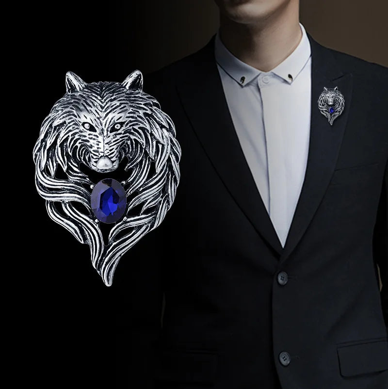 Vintage Ruby Sapphire Animal Wolf Brooches Gold Plated Crystal Wolf Head Men Brooch Pin for Suit