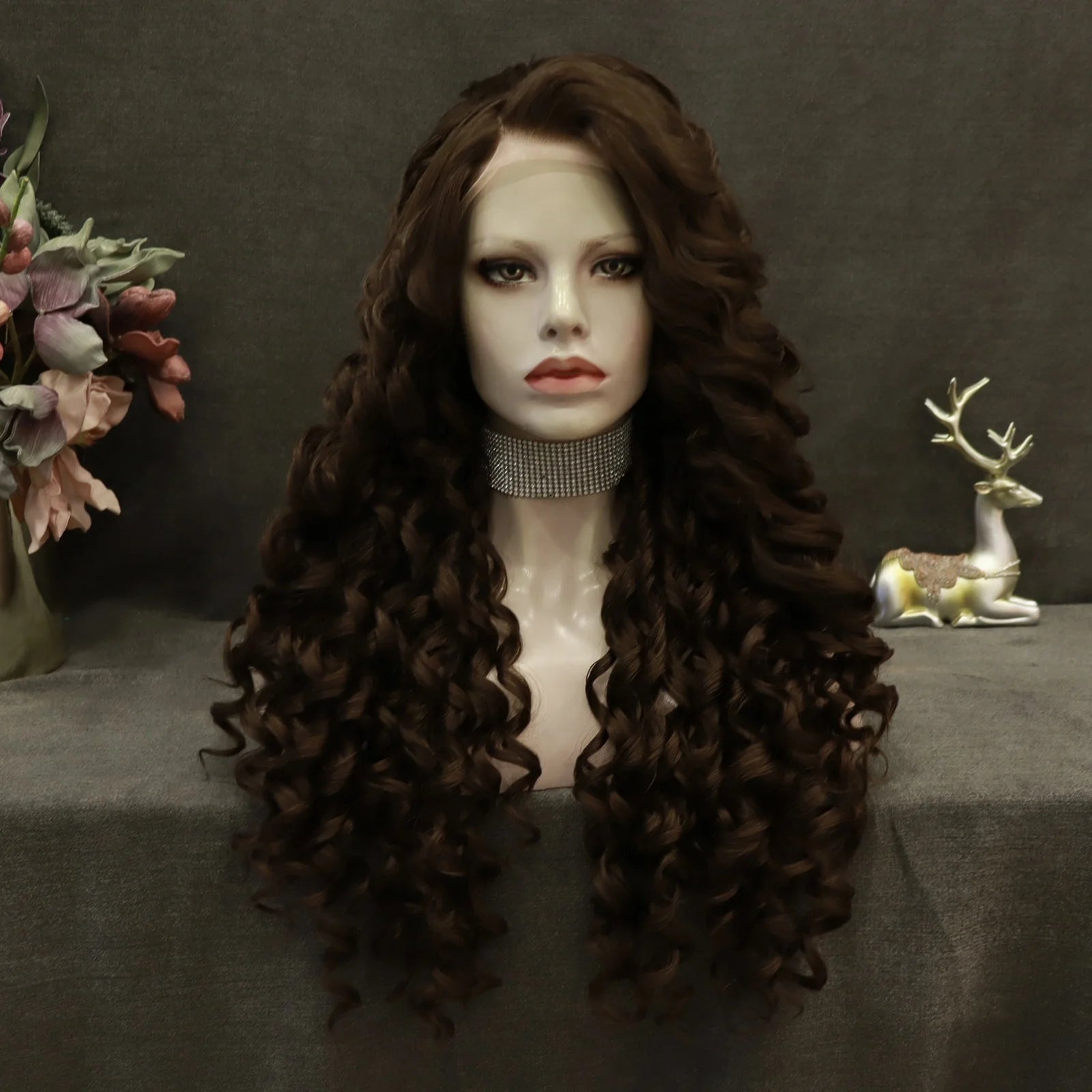 Celebrity 180% Density Synthetic Hair With Natural Hairline Dark Brown Curly Lace Front Wig