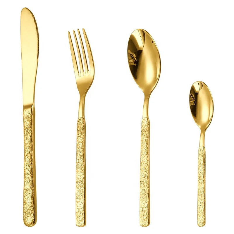Kitchen Cutlery Set Stainless Steel 304 Metal Hammered Handle Flatware With Knife Fork Spoon Silverware Set