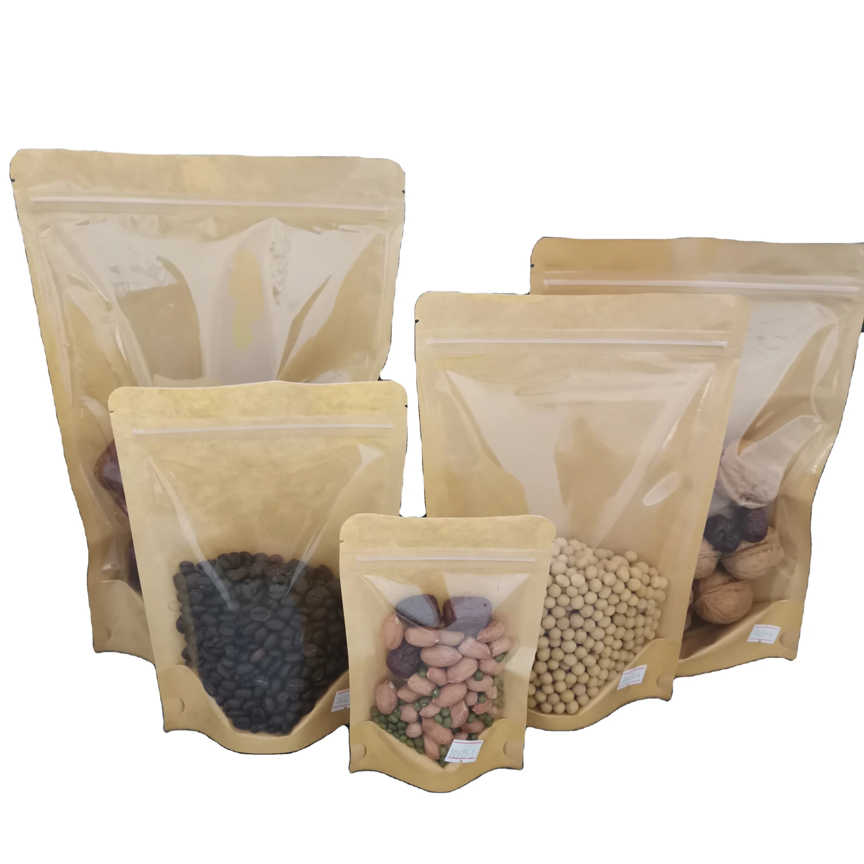 Biodegradable Custom Printed Kraft Paper Eco Friendly Zip Lock Stand up Pouch with clear Window Snack Food Rice Packaging Bags