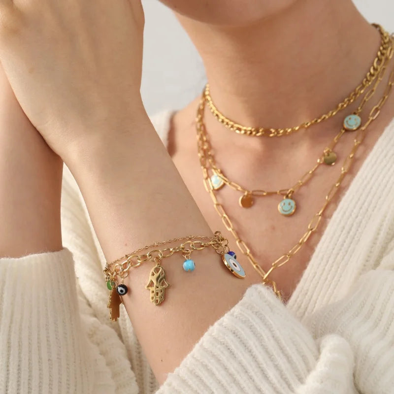 Fine Stainless Steel Multi Pendant Necklace Good Luck Blue Eyes Pendant Bracelet Fashion PVD 18K Gold Women Jewelry Sets