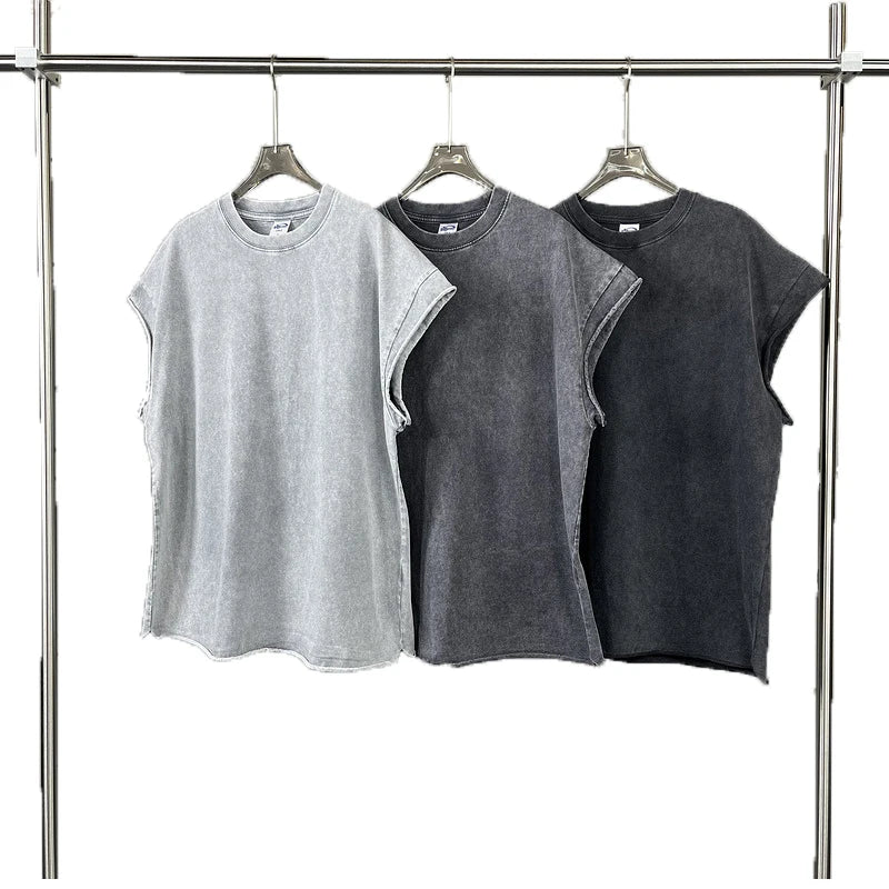 Casual Men's Cotton Tank Top Custom Crop Vintage Wash Rib Collar Boxy Cut Sleeveless Design French Terry Breathable Knitted